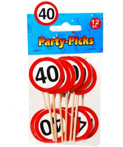 Party-Picks in Verkehrszeichen-Design auf Holzstab mit der Zahl 40