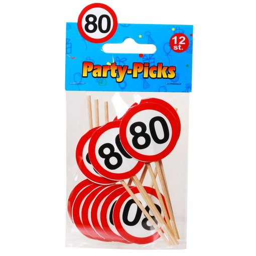 Party-Picks in Verkehrszeichen-Design auf Holzstab mit der Zahl 80