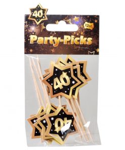 Party-Picks in schwarz/gold, Stern auf Zahnstocher mit der Zahl 40