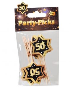 Party-Picks in schwarz/gold, Stern auf Zahnstocher mit der Zahl 50