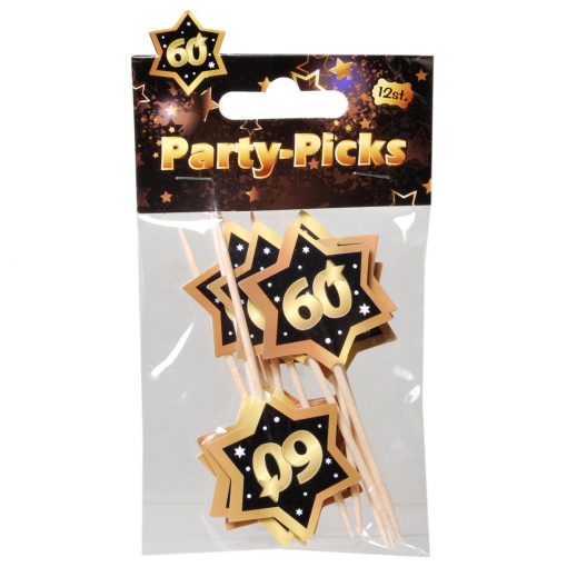 Party-Picks in schwarz/gold, Stern auf Zahnstocher mit der Zahl 60