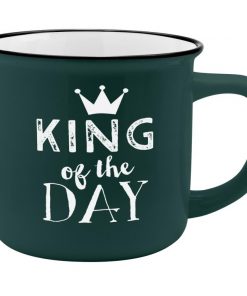 Grauer Porzellanbecher mit Motiv und Spruch "King of the Day"