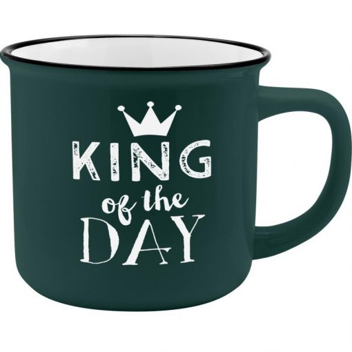 Grauer Porzellanbecher mit Motiv und Spruch "King of the Day"