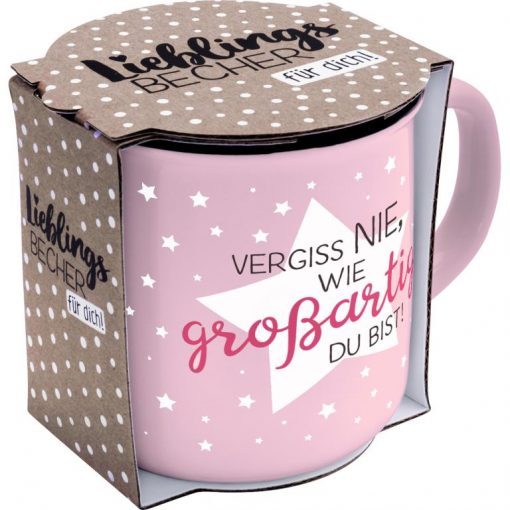 Sheepworldbecher in rosa mit hellrosa Sternen und dem Spruch "Vergiss nie, wie großartig du bist!" in Geschenkbanderole