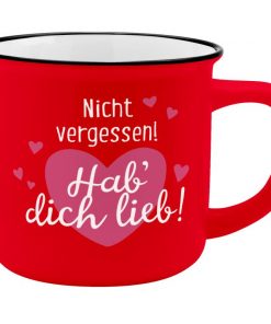 Roter Porzellanbecher mit Motiv und Spruch "Hab dich lieb"