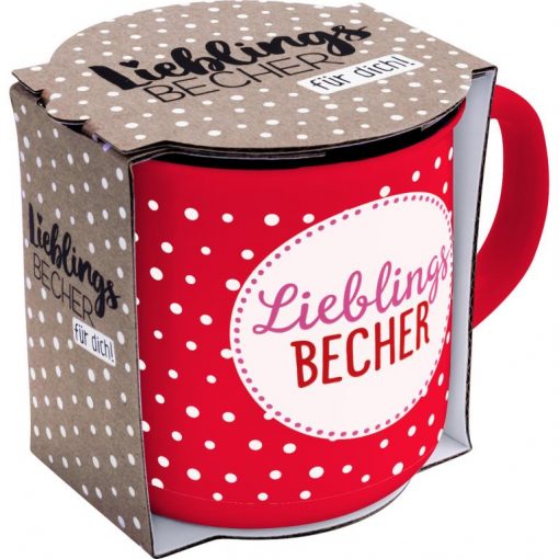 Roter Porzellanbecher mit Motiv und Spruch "Lieblingsbecher" mit Geschenkbanderole