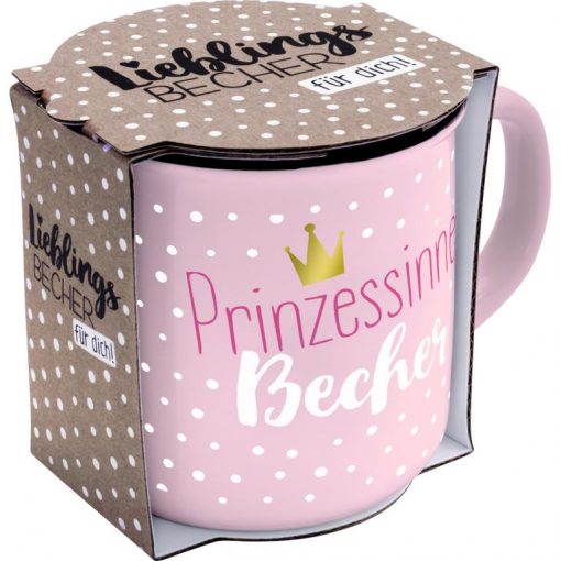 Sheepworldbecher in rosa mit weißen Punkten und Aufdruck in Form einer kleinen goldenen Krone und Spruch "Prinzessinnen Becher" in Geschenkbanderole