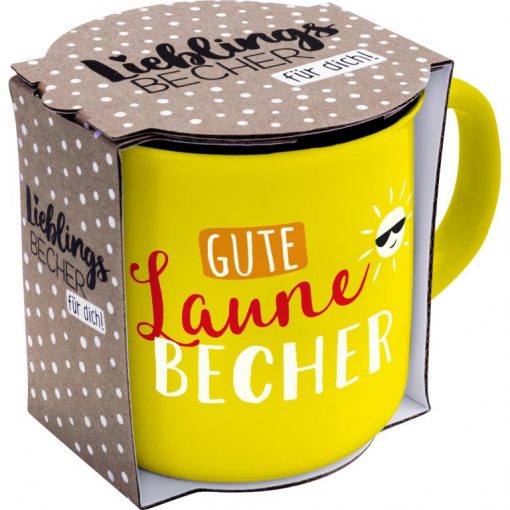 Gelber Porzellanbecher mit Motiv und Spruch "Gute Laune Becher" mit Geschenkbandrole