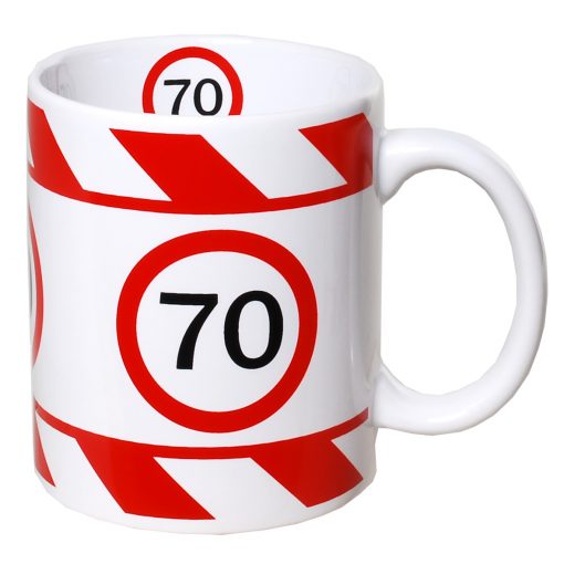 Tasse in weiß mit Verkehrsschild "70"