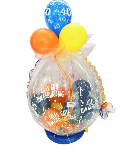 Geschenkballon in blau, gelb und orange verpackt in Folie zum 40. Geburtstag
