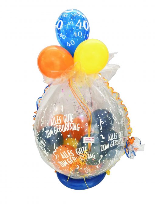 Geschenkballon in blau, gelb und orange verpackt in Folie zum 40. Geburtstag