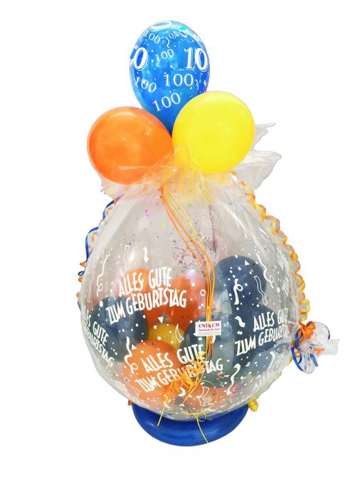 Geschenkballon in blau, gelb und orange verpackt in Folie zum 100. Geburtstag