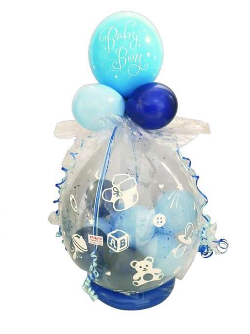 Geschenkballon in hell- und dunkelblau verpackt in Folie zur Geburt eines Jungen