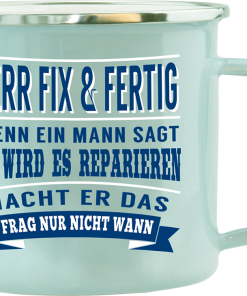 Hellblauer Emaille-Becher "Herr Fix & Fertig"
