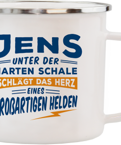 Weißer Emaille-Becher "Jens"