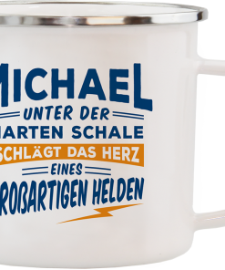 Weißer Emaille-Becher "Michael"