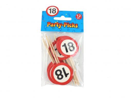 Party-Picks in Verkehrszeichen-Design auf Holzstab mit der Zahl 18