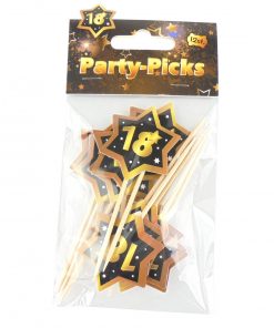 Party-Picks in schwarz/gold, Stern auf Zahnstocher mit der Zahl 18