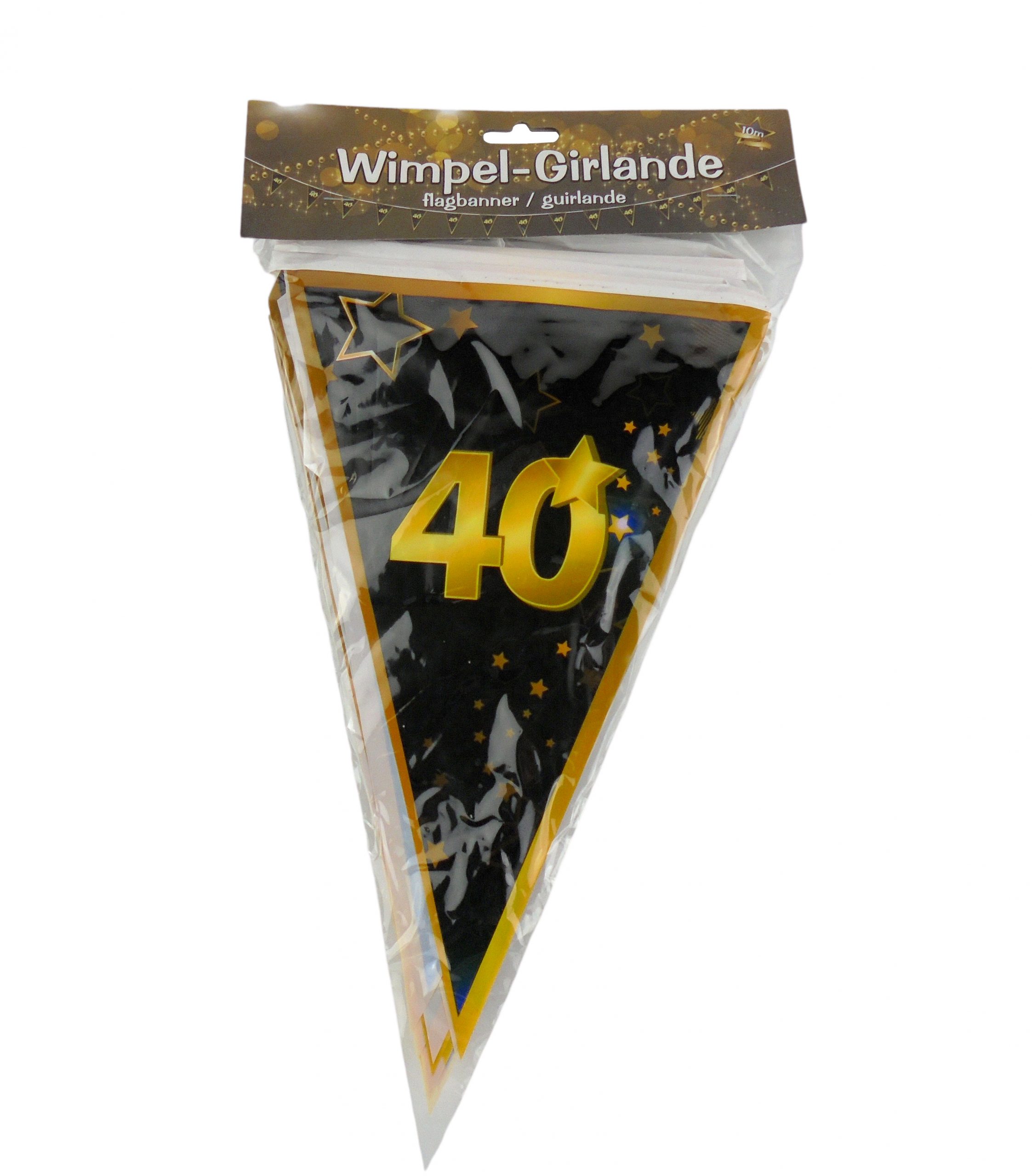 40 Geburtstag Party Wimpelkette Wimpel Girlande schwarz gold 4 m Glitzereffekt 