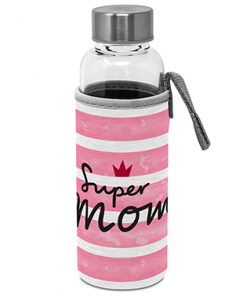 Glasflasche mit Schraubverschluss in rosa/weißer Schutzhülle mit Schriftzug "Super Mom"