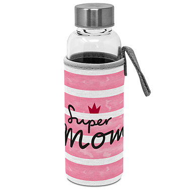 Glasflasche mit Schraubverschluss in rosa/weißer Schutzhülle mit Schriftzug "Super Mom"