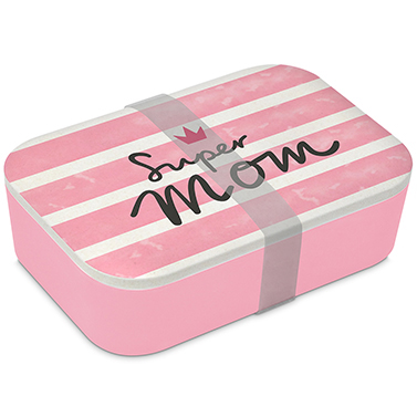 Bambus Brotdose in rosa/weiß mit Silikongummi und Schriftzug "Super Mom"
