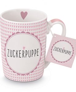 Henkelbecher in rosa und weiß mit Schriftzug "Zuckerpuppe"