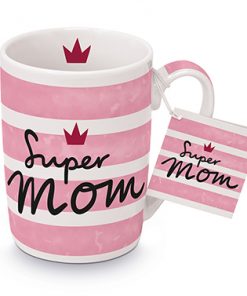 Henkelbecher in rosa und weiß mit Schriftzug "Super Mom"
