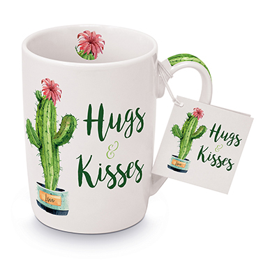 Henkelbecher in grün und weiß mit Kaktus-Motiv und Schriftzug "Hugs & Kisses"