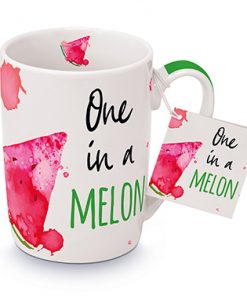 Henkelbecher in weiß, grün und rosa mit Melonen-Motiv und Schriftzug "One in a melon"