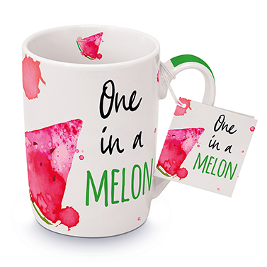 Henkelbecher in weiß, grün und rosa mit Melonen-Motiv und Schriftzug "One in a melon"