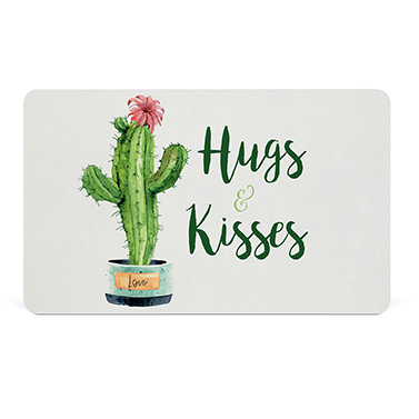 Brettchen in weiß mit Kaktus-Motiv und Schriftzug "Hugs & Kisses"