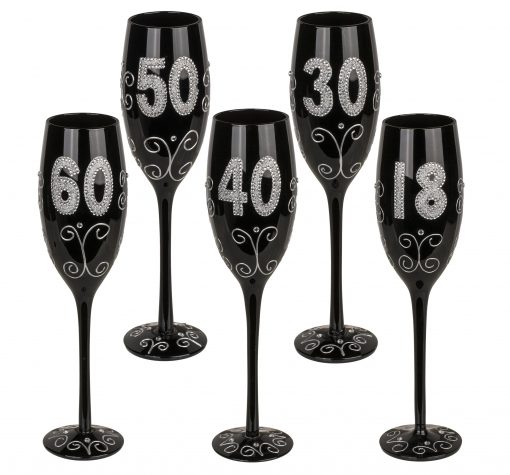 Sektglas in schwarz zum Geburtstag - 18, 30, 40, 50 und 60