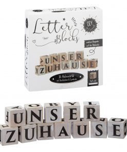 Letter-Block, 16 Holz-Würfel mit Buchstaben und Symbolen auf schwarzem Print in Colorbox
