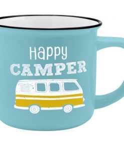 Sheepworldbecher in hellem türkis mit Aufdruck in Form eines kleines Campingbusses und Spruch "Happy Camper"