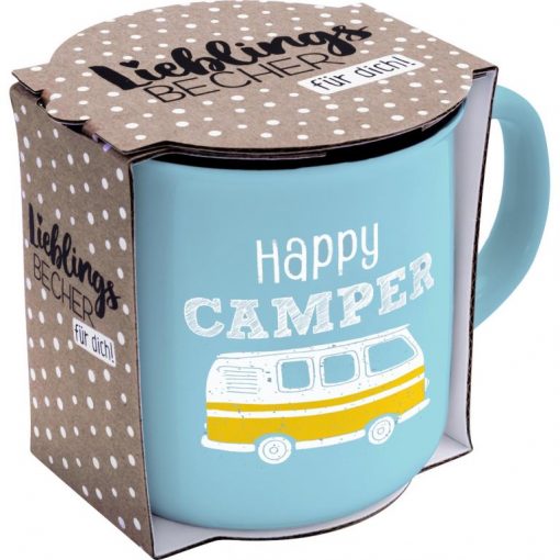 Sheepworldbecher in hellem türkis mit Aufdruck in Form eines kleines Campingbusses und Spruch "Happy Camper" in Geschenkbanderole