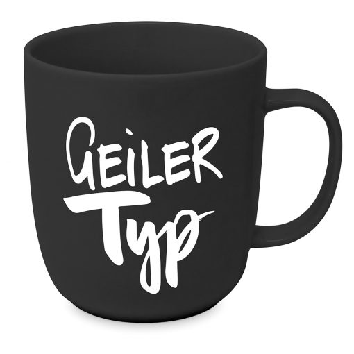Schwarze Tasse mit Schriftzug "Geiler Typ"