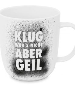 Weiß/Schwarze Tasse mit Schriftzug "Klug war's nicht aber geil"