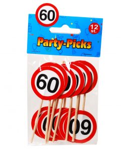 Party-Picks in Verkehrszeichen-Design auf Holzstab mit der Zahl 60