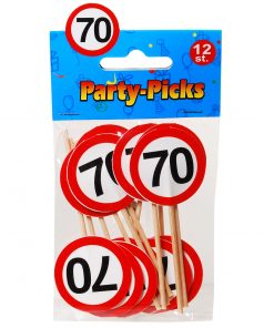 Party-Picks in Verkehrszeichen-Design auf Holzstab mit der Zahl 70