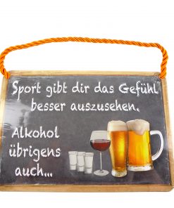 Blechschild mit Spruch und Kordel zum Hängen - Sport + Alkohol
