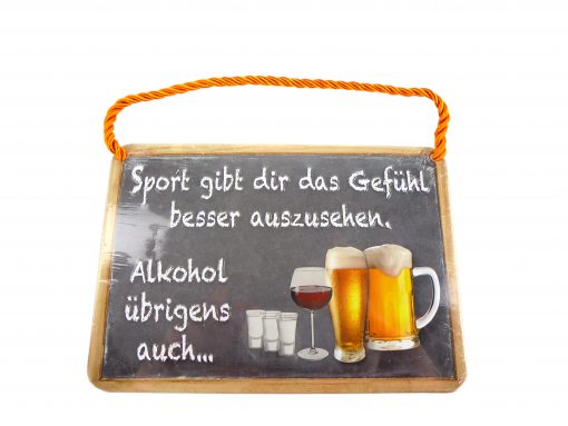 Blechschild mit Spruch und Kordel zum Hängen - Sport + Alkohol