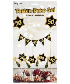 9 tlg. Torten-Deko-Set "Sterne" zum 50. Geburtstag in schwarz/gold
