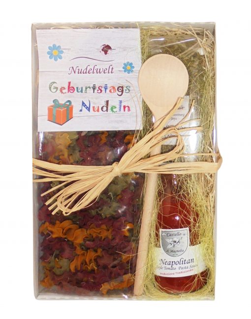 Nudelwelt Geschenk-Set „Geburtstags-Nudeln, Italienische Kräuter und Pasta Sauce Neapolitan“, fertig verpackt