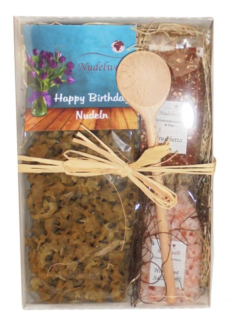 Nudelwelt Geschenk-Set „Happy Birthday Nudeln, Dip Bruschetta und Himalaya Salz“, fertig verpackt