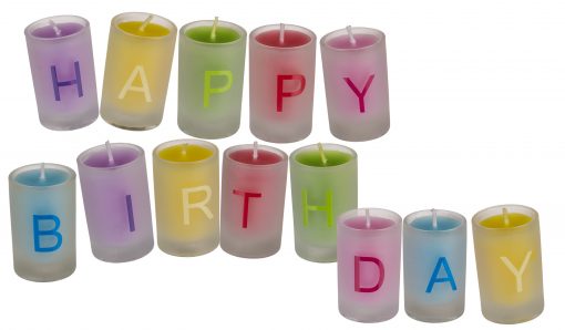 Bunte Kerzen im Glas "Happy Birthday", 13er-Set