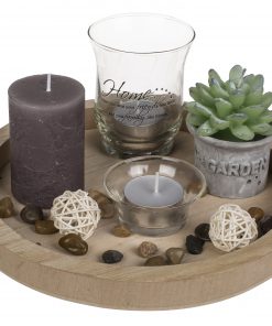 Holz-Dekoteller mit Teelichthaltern, Teelichtern, Kerzen & Dekosteinen
