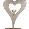 Silberner Metall-Kerzenständer in Herzform auf einem Holz-Standfuß, 41x25 cm