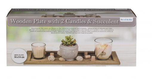 Holz-Tablett mit Kerzen im Glas & Sukkulente im Keramiktopf