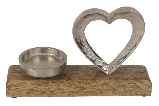 Metall-Teelichthalter mit Herz auf Holzsockel, ohne Teelicht